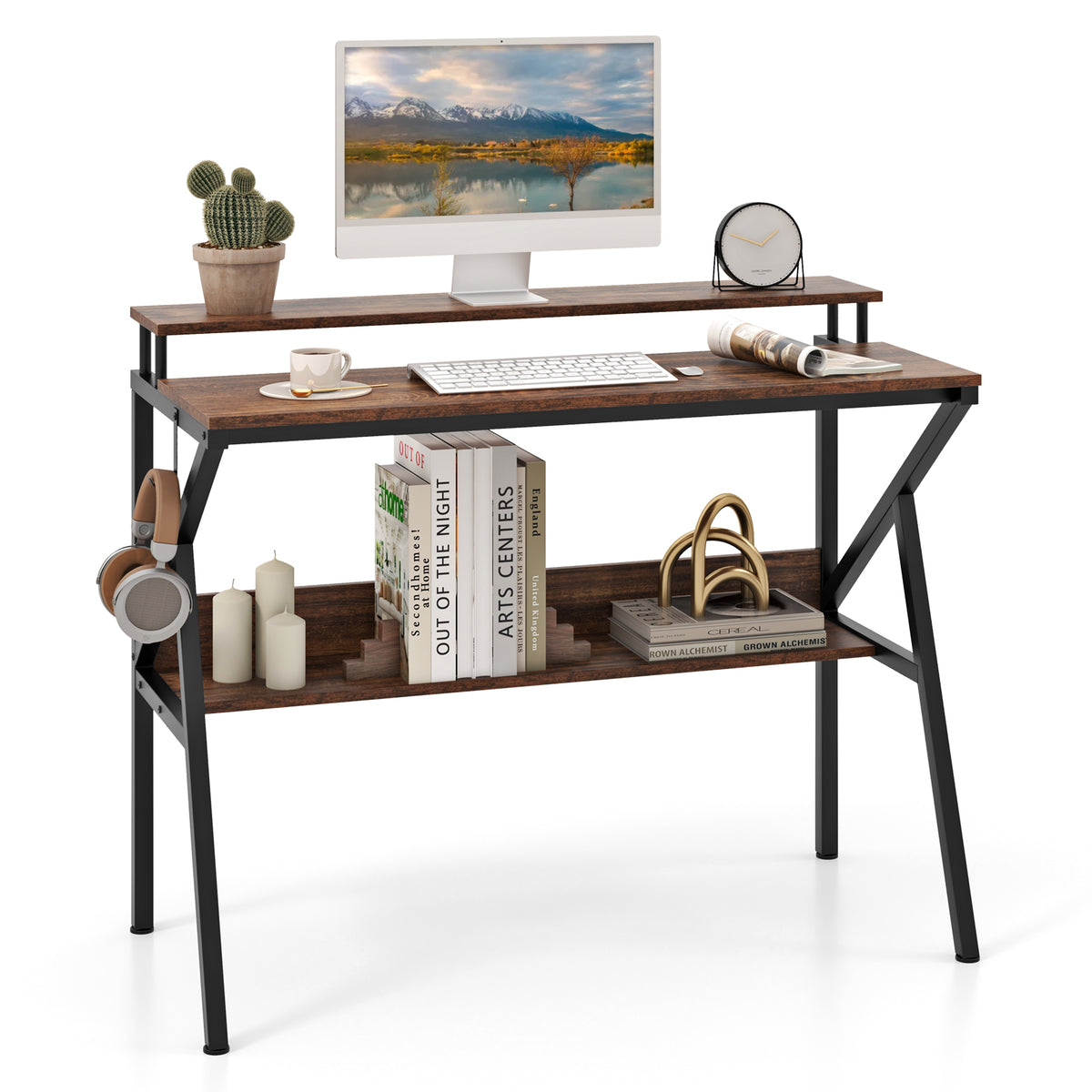 Computer Desk With Monitor Stand, Storage Shelf, Rustic Brown Computer Desks at Gallery Canada