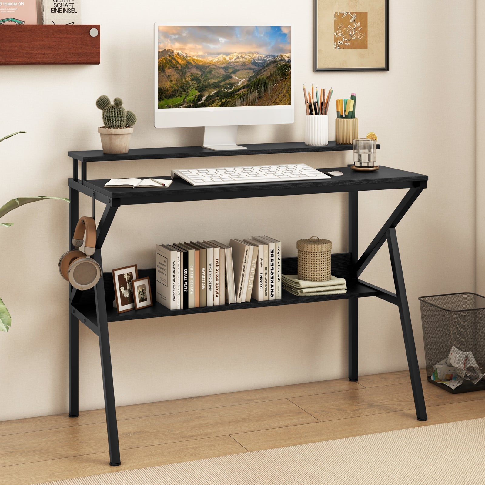 Computer Desk With Monitor Stand, Storage Shelf, Black Computer Desks at Gallery Canada