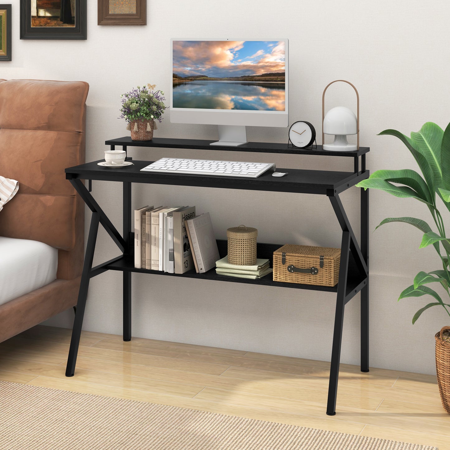 Computer Desk With Monitor Stand, Storage Shelf, Black Computer Desks at Gallery Canada