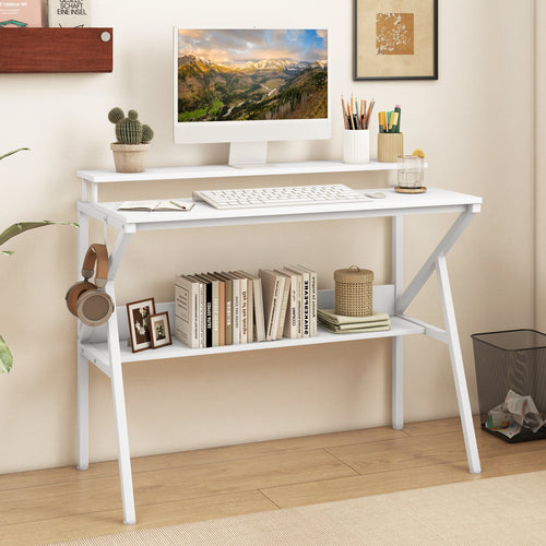 Computer Desk With Monitor Stand, Storage Shelf, White