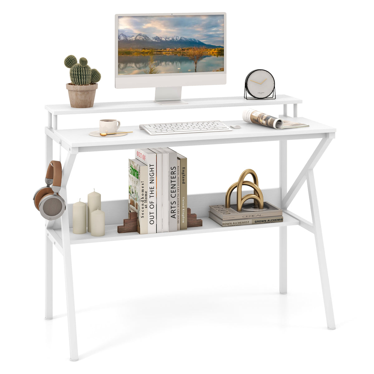Computer Desk With Monitor Stand, Storage Shelf, White Computer Desks at Gallery Canada