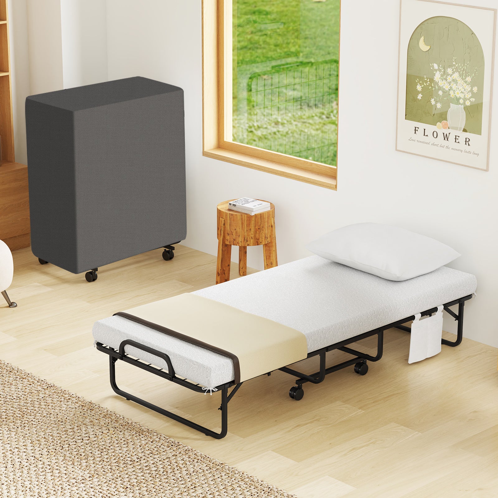 Narrow Twin Rollaway Bed, With Pillow And Side Pocket, White Folding Beds at Gallery Canada