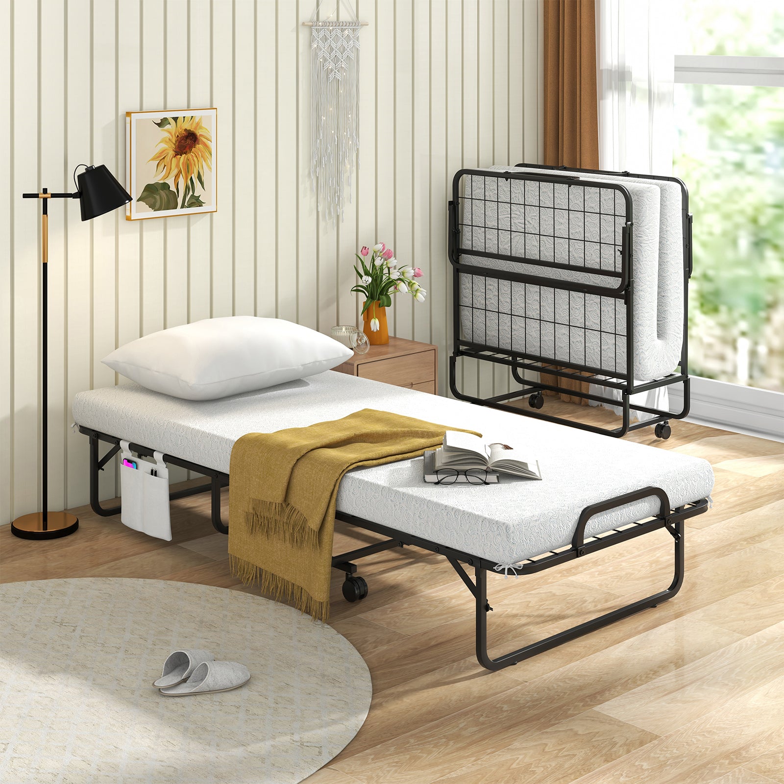 Narrow Twin Rollaway Bed, With Pillow And Side Pocket, White Folding Beds at Gallery Canada