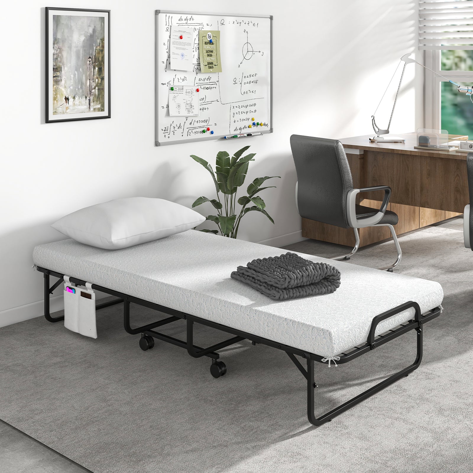 Narrow Twin Rollaway Bed, With Pillow And Side Pocket, White Folding Beds at Gallery Canada