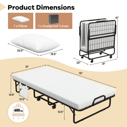 Narrow Twin Rollaway Bed, With Pillow And Side Pocket, White Folding Beds at Gallery Canada