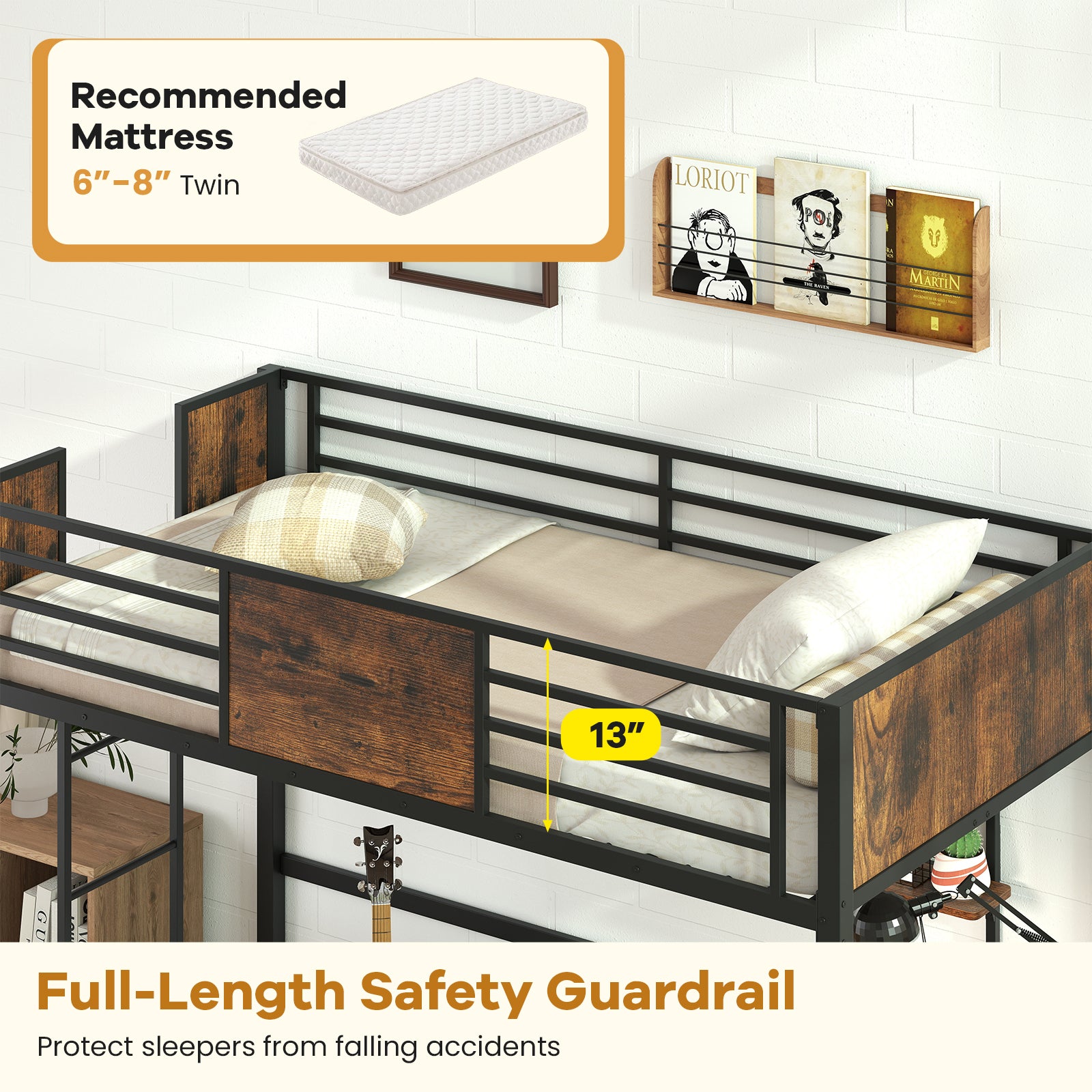 Twin Loft Bed With Safety Guardrail, Ladder, Coffee Simple Bed Frame at Gallery Canada