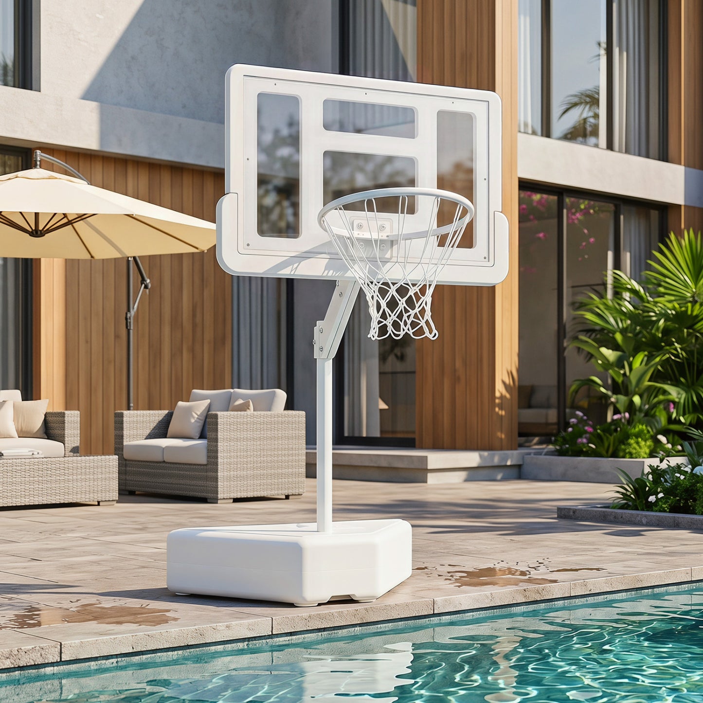 Splash & Shoot Pool Basketball Hoop, Adjustable Height, 2 Balls, Pump, White