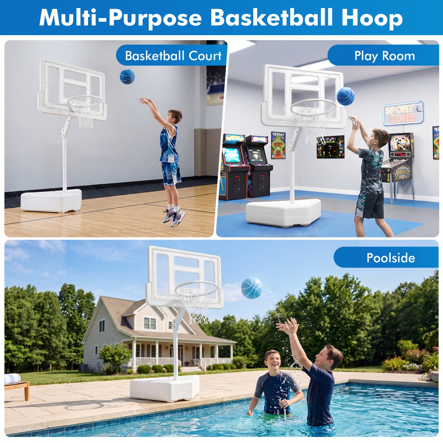 Splash & Shoot Pool Basketball Hoop, Adjustable Height, 2 Balls, Pump, White