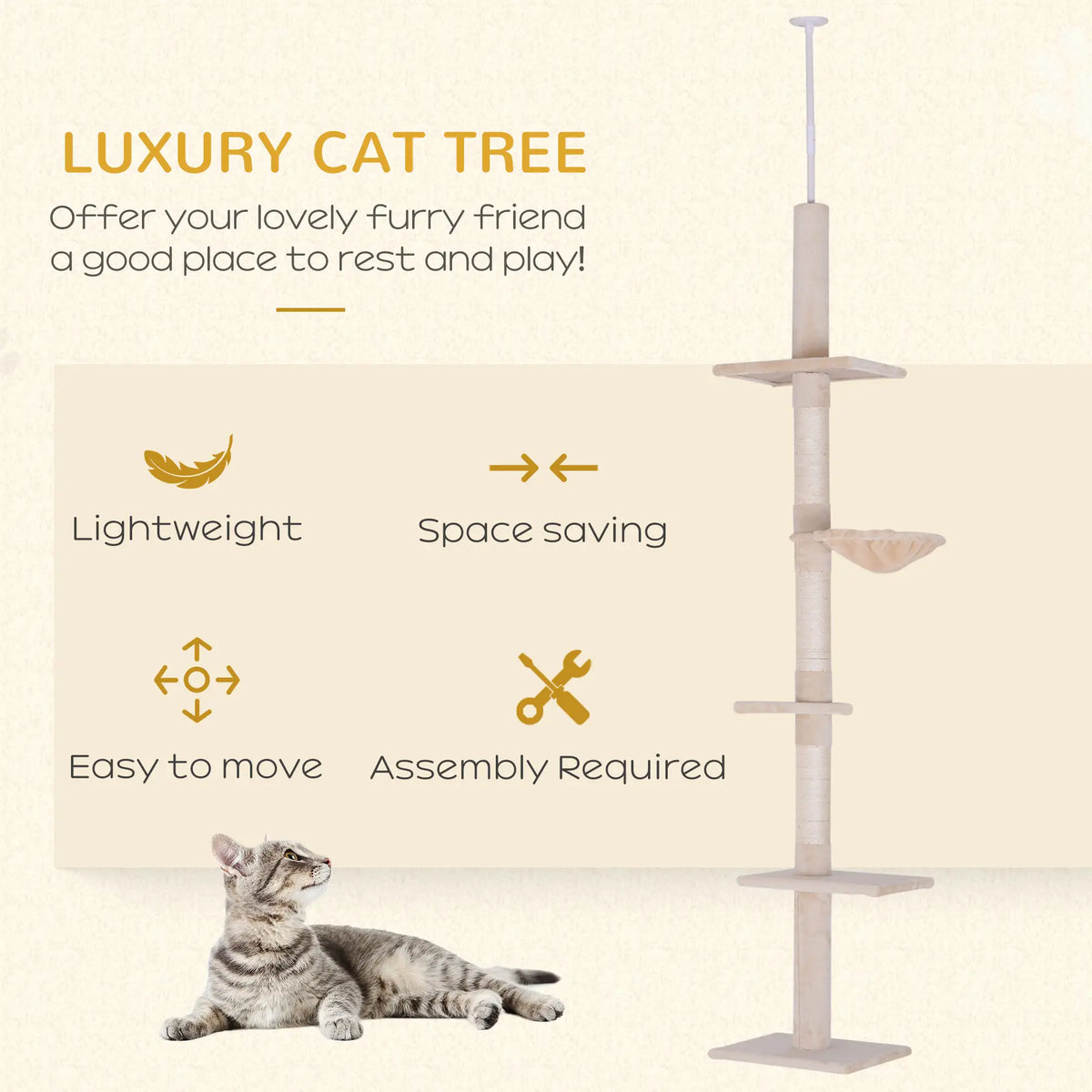 8.5ft Cat Climbing Tree, 5-Tier Kitty Activity Center, Scratching Post, Beige Floor to Ceiling Cat Trees at Gallery Canada