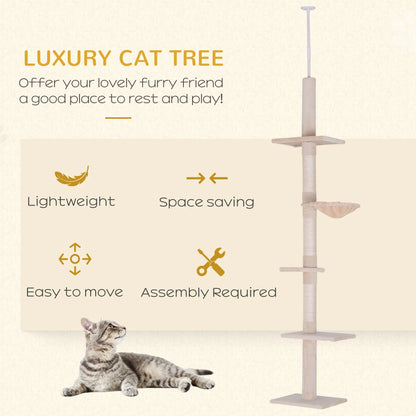 8.5ft Cat Climbing Tree, 5-Tier Kitty Activity Center, Scratching Post, Beige Floor to Ceiling Cat Trees at Gallery Canada