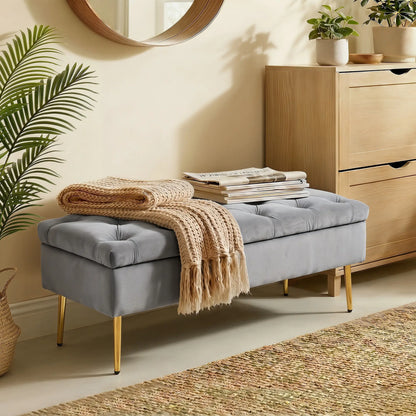 Upholstered Bedroom Bench with Gold Tone Metal Legs, Velvet Tufted and Thick Padding, Grey Storage Ottomans & Benches at Gallery Canada