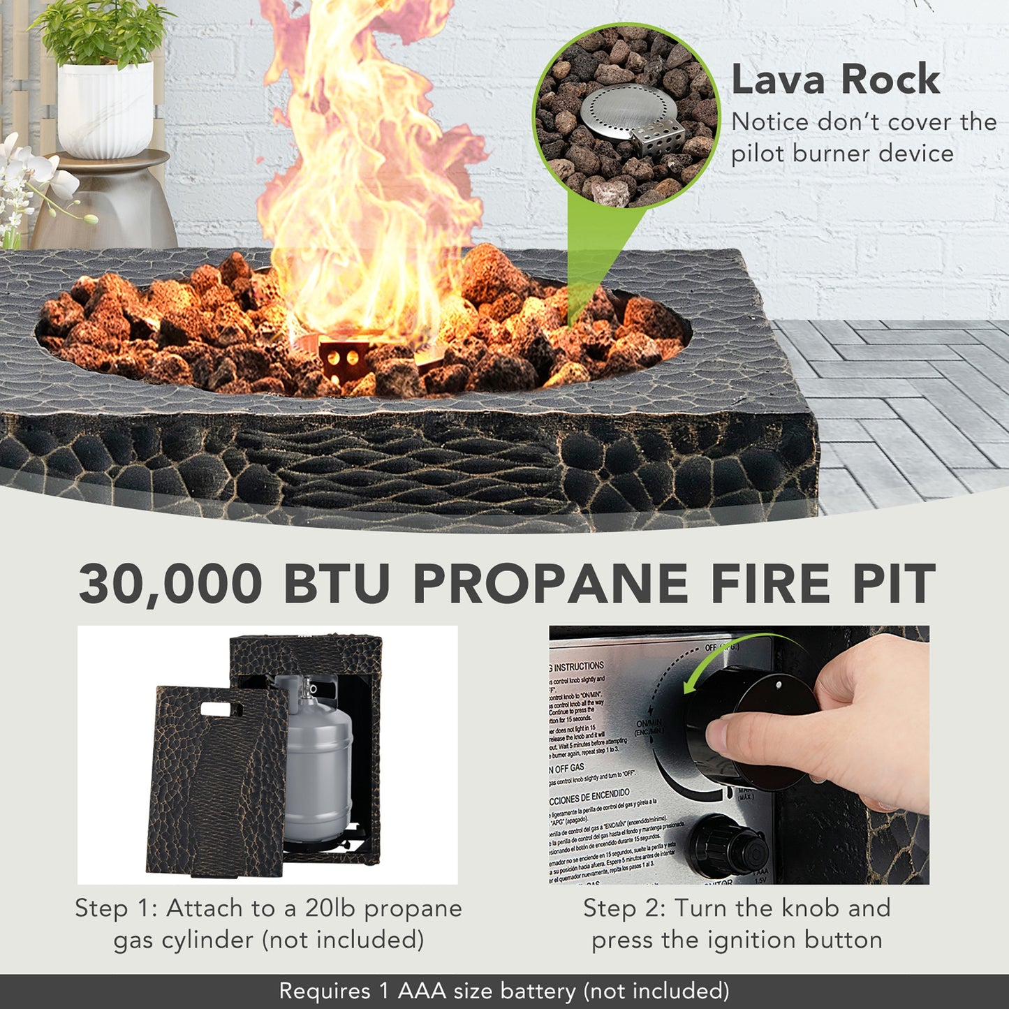 Square Outdoor Propane Fire Pit, 30000 BTU, Lava Rocks, Waterproof Cover, Black Fire Pits at Gallery Canada