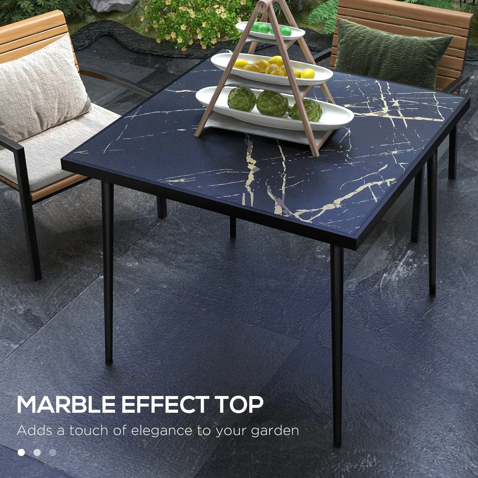 Square Patio Dining Table for 4, Marble Effect Glass Top, Steel Frame, Black Patio Dinning Tables at Gallery Canada