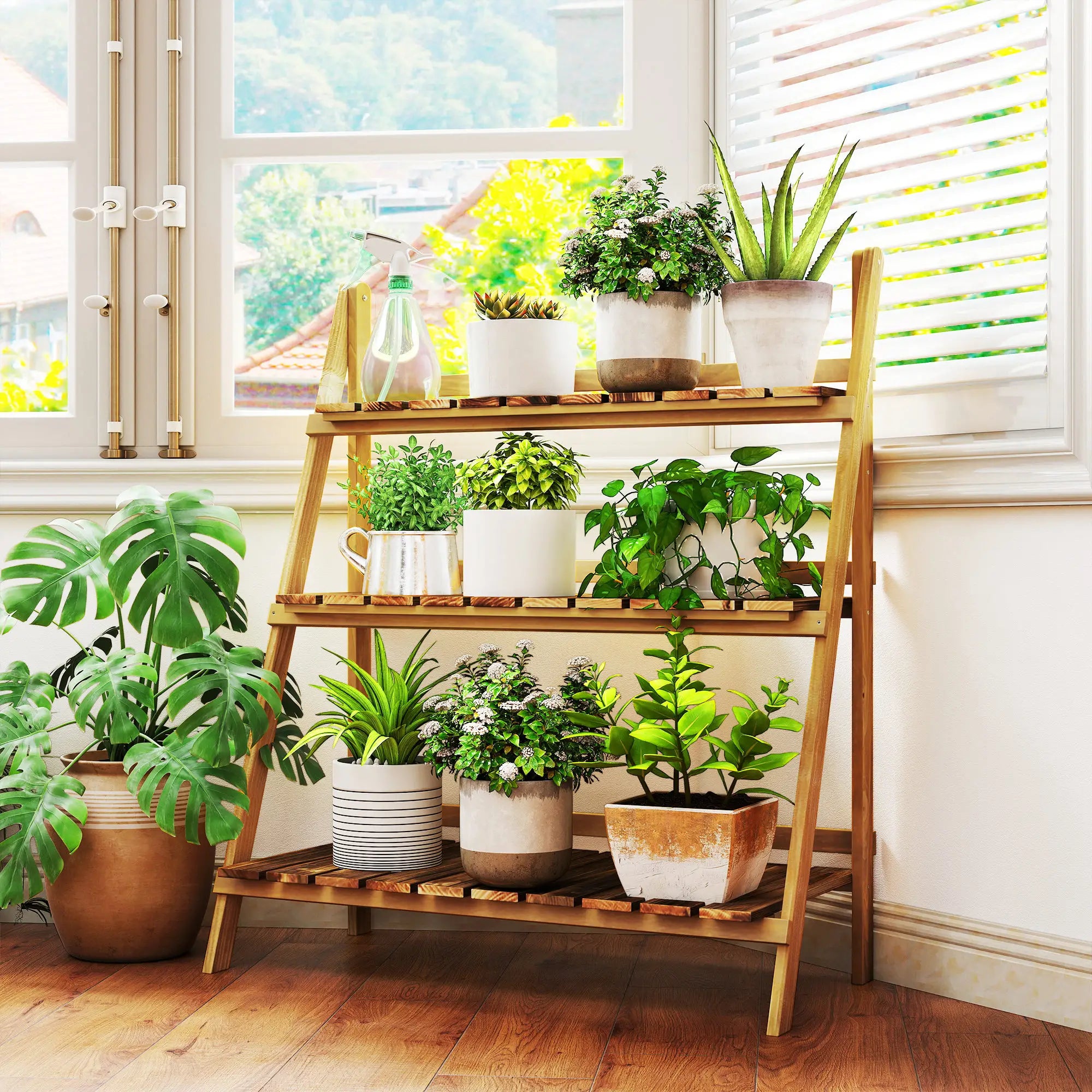 Foldable 3-Tier Wooden Plant Shelf, Outdoor Plant Stands at Gallery Canada