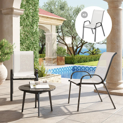 Set of 2 Outdoor Dining Chairs, Stackable, High Back, Light Grey