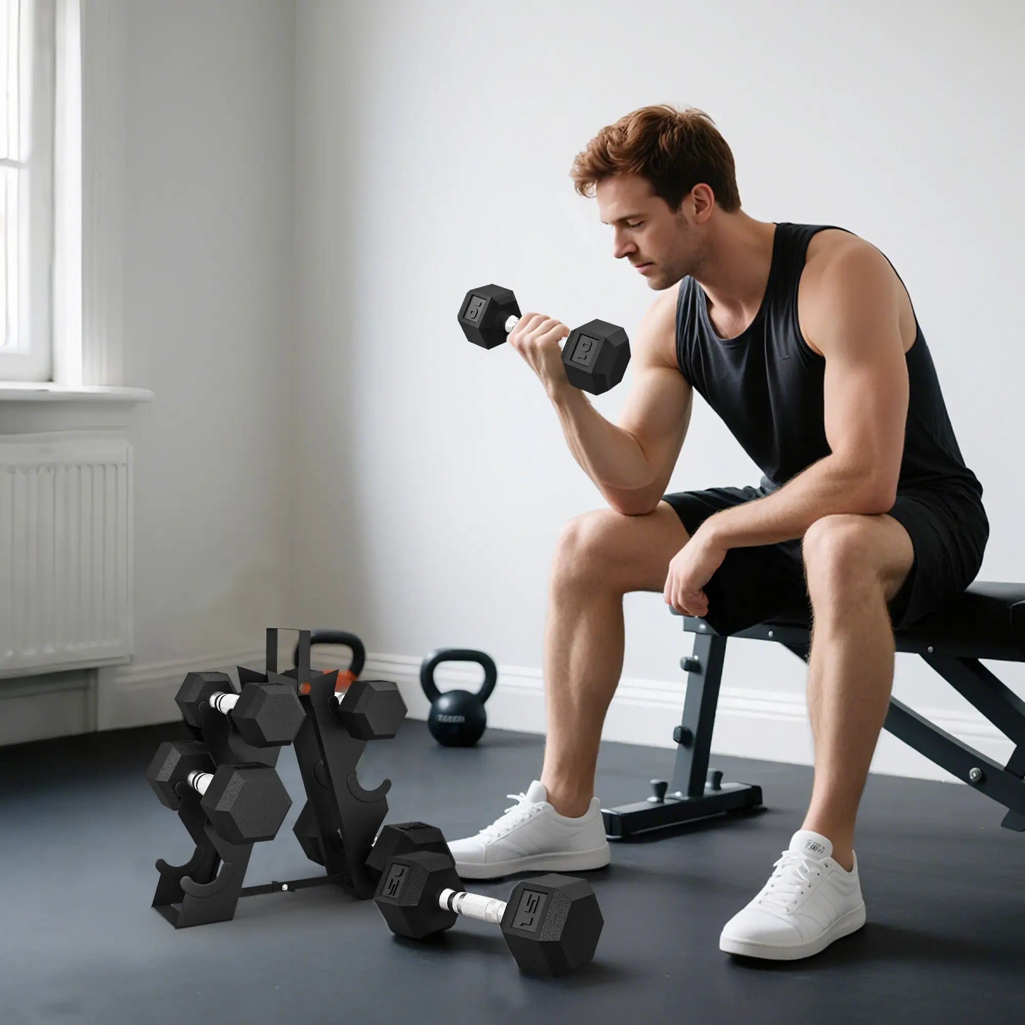 60 LBS Hex Dumbbell Set with Rack, Non-Slip Handles, Rubber Coated Dumbbells & Barbells at Gallery Canada