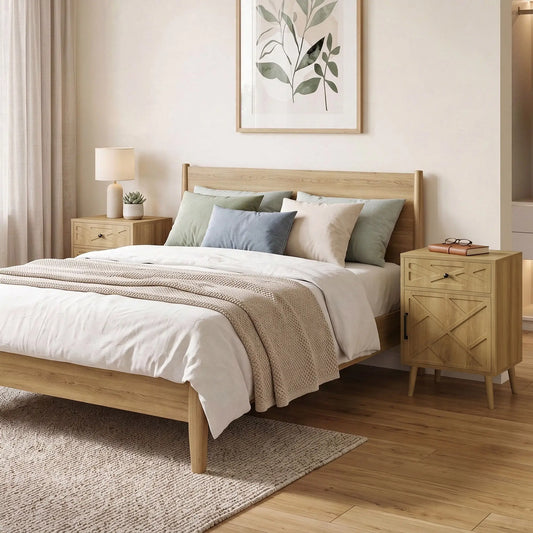 Nightstand Set Of 2, Oak, With Drawer And Cabinet Storage Side Tables Oak at Gallery Canada