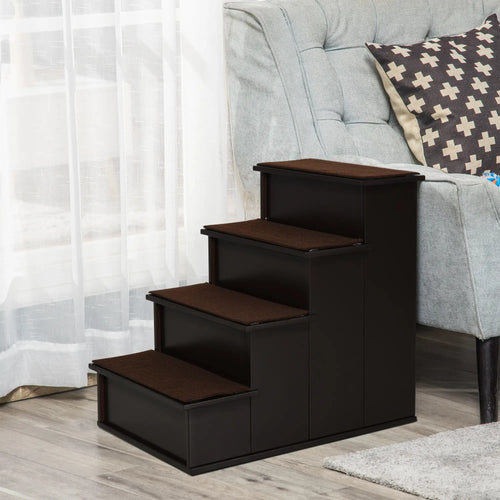 4-Level Wooden Pet Stairs, Non-Slip Carpet, Dark Coffee