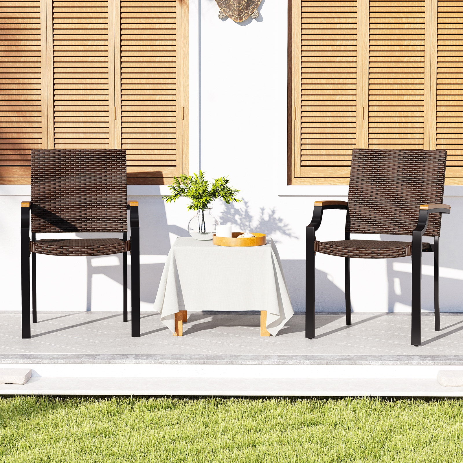 Stacking Wicker Chairs, Set Of 2, Patio Rattan Dining Chairs, Acacia Wood Armrests Patio Dining Chairs at Gallery Canada