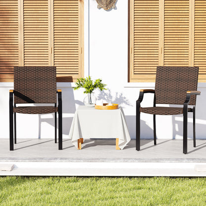 Stacking Wicker Chairs, Set Of 2, Patio Rattan Dining Chairs, Acacia Wood Armrests Patio Dining Chairs at Gallery Canada