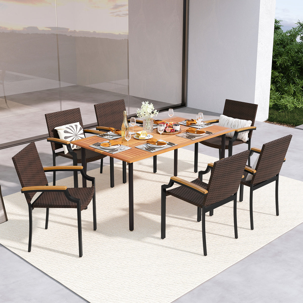 Stacking Wicker Chairs, Set Of 2, Patio Rattan Dining Chairs, Acacia Wood Armrests Patio Dining Chairs at Gallery Canada