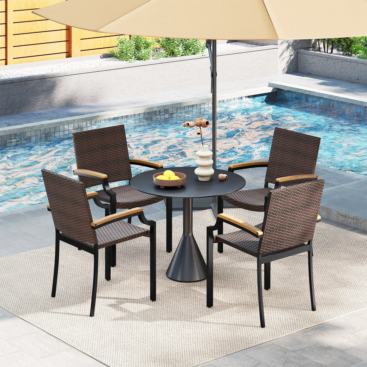 Stacking Wicker Chairs, Set Of 2, Patio Rattan Dining Chairs, Acacia Wood Armrests Patio Dining Chairs at Gallery Canada