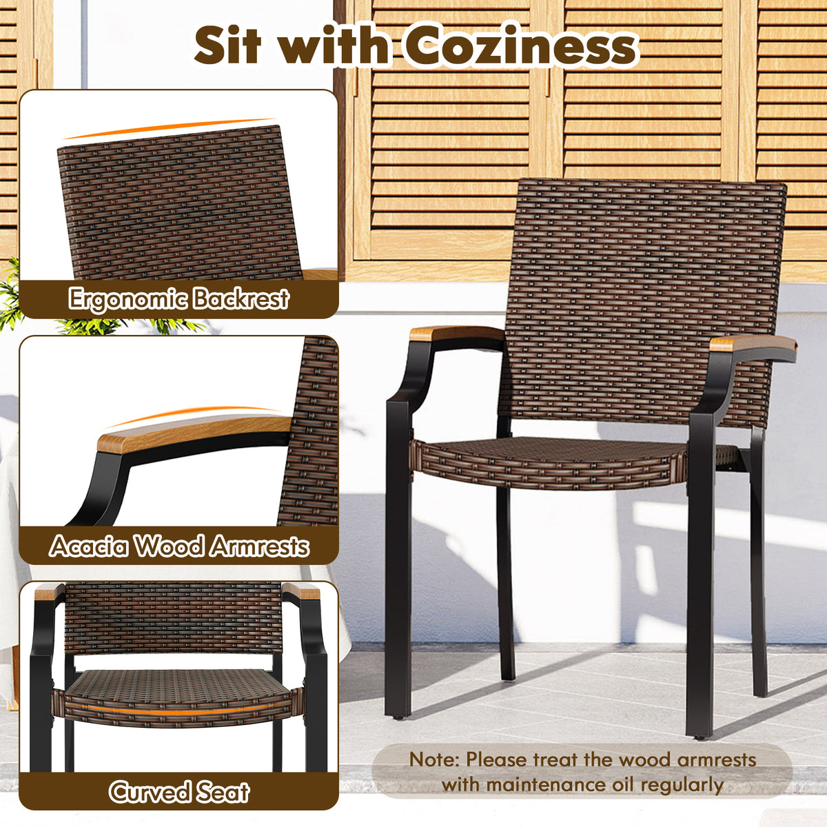 Stacking Wicker Chairs, Set Of 2, Patio Rattan Dining Chairs, Acacia Wood Armrests Patio Dining Chairs at Gallery Canada