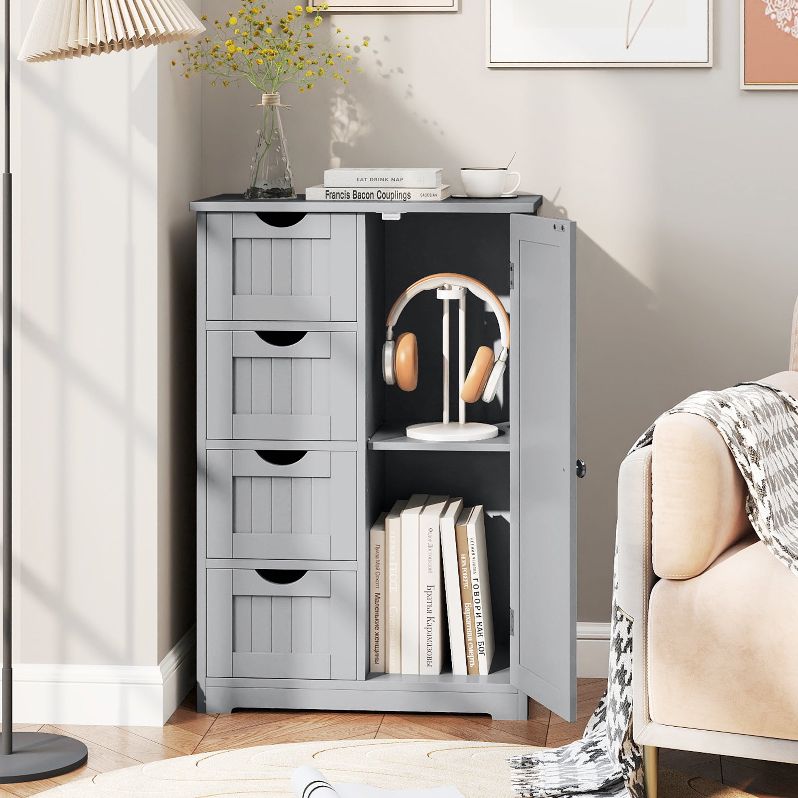 Wooden Cabinet With 4 Drawers, Gray Floor Cabinets at Gallery Canada