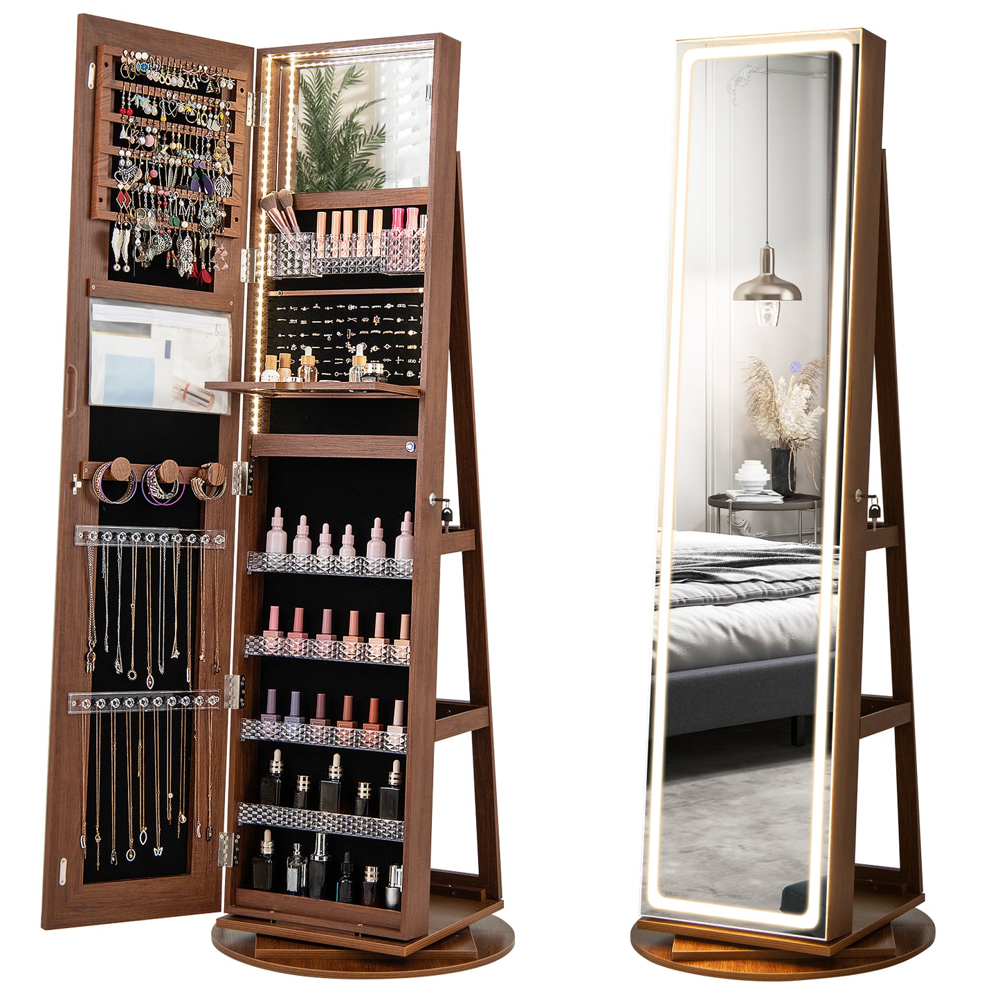 Standing Jewelry Cabinet With Adjustable LED Lights, Brown Jewelry Armoires at Gallery Canada