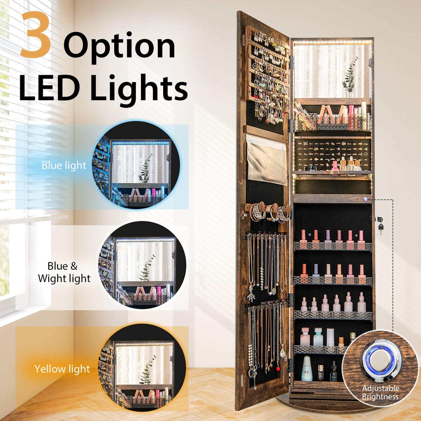 Standing Jewelry Cabinet With Adjustable LED Lights, Coffee Jewelry Armoires at Gallery Canada