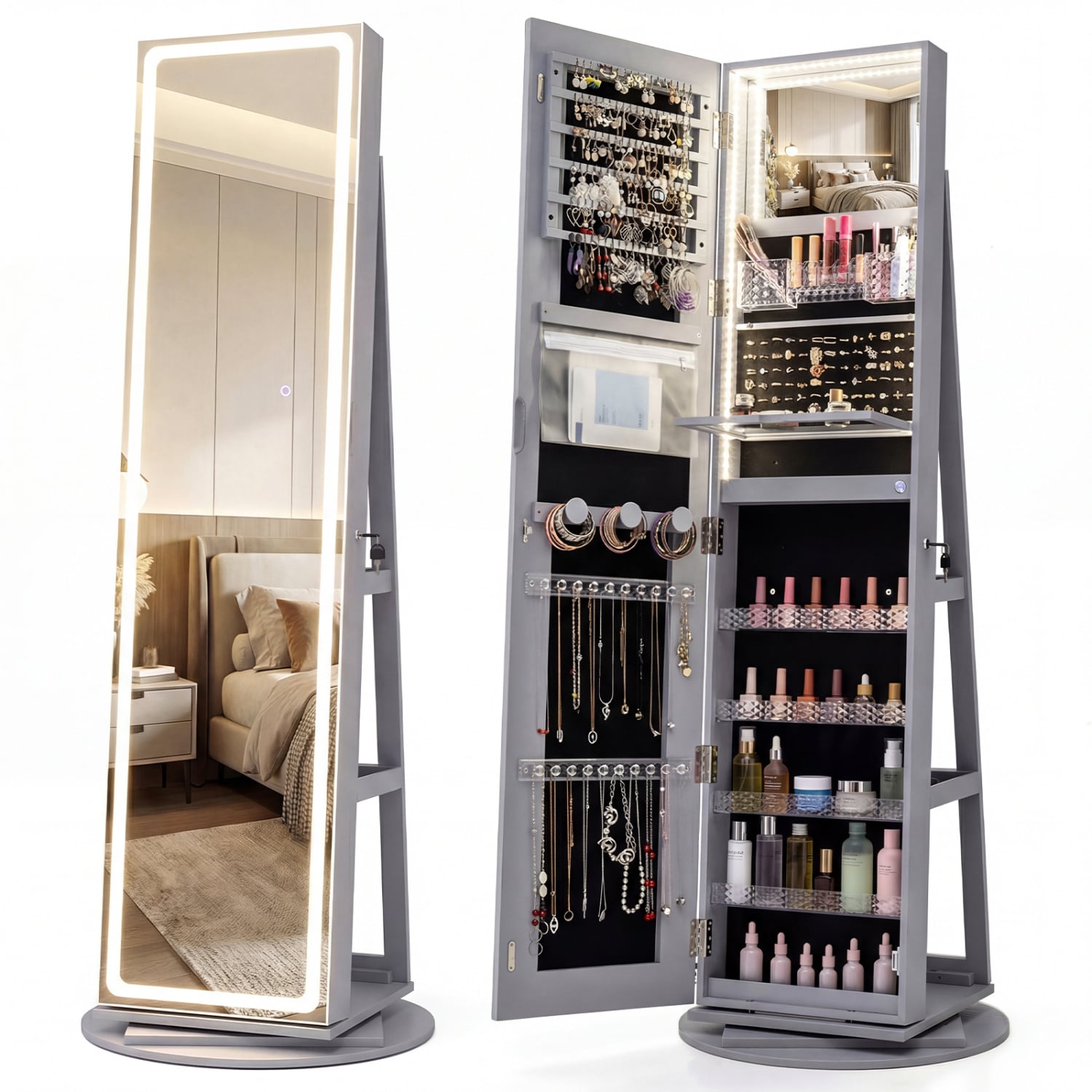 Standing Jewelry Cabinet, Adjustable LED Lights, Gray Jewelry Armoires at Gallery Canada