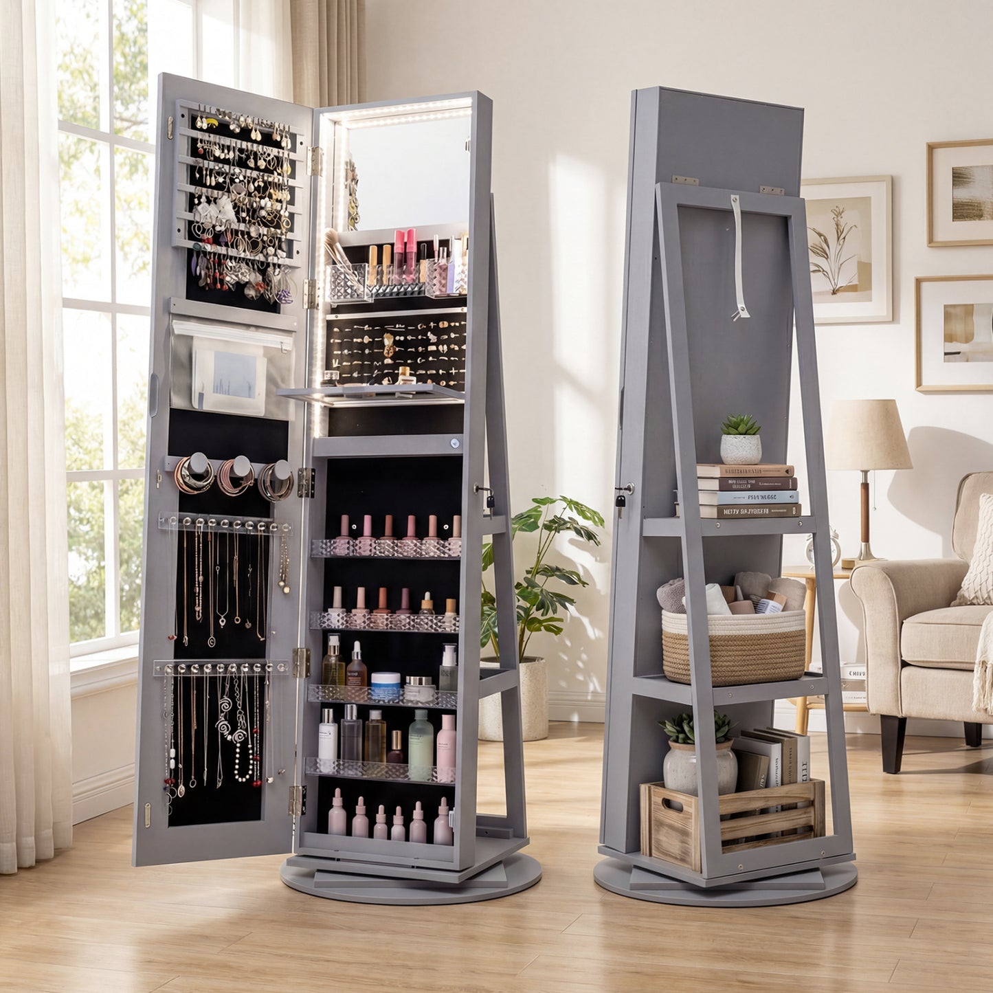 Standing Jewelry Cabinet, Adjustable LED Lights, Gray Jewelry Armoires at Gallery Canada