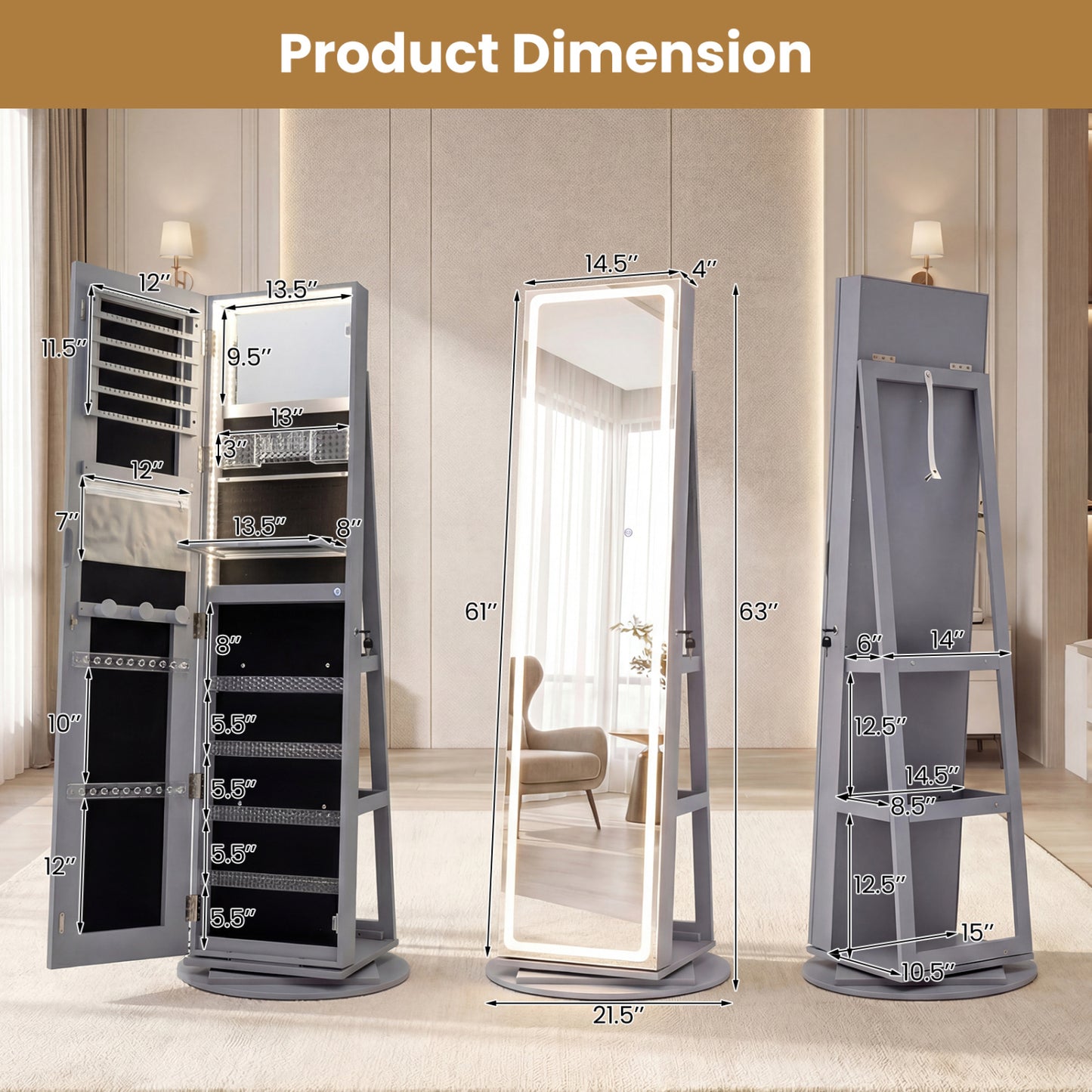 Standing Jewelry Cabinet, Adjustable LED Lights, Gray Jewelry Armoires at Gallery Canada