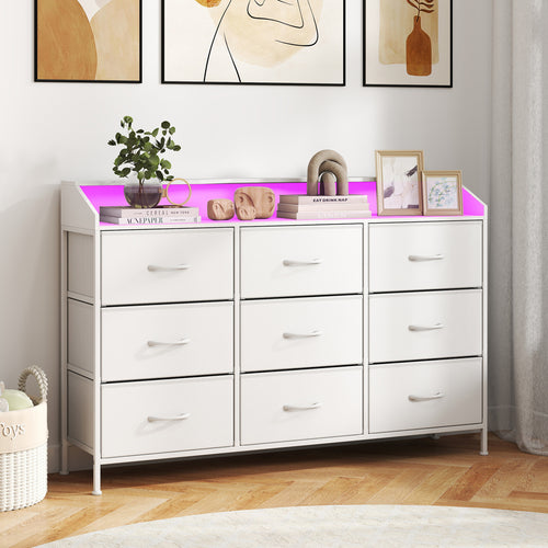 Storage Organizer with LED Lights, 9 Fabric Drawers, White