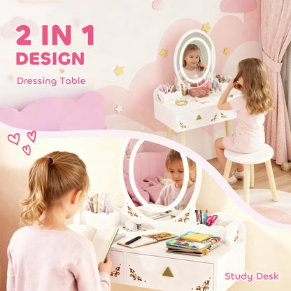 Kids Vanity Set with Mirror, Stool, 3-Color LED Lights, Pink Toy Vanity at Gallery Canada