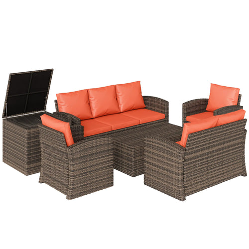 6-Piece Wicker Patio Set with Cushions, 7-Seater Rattan Sofa, Orange