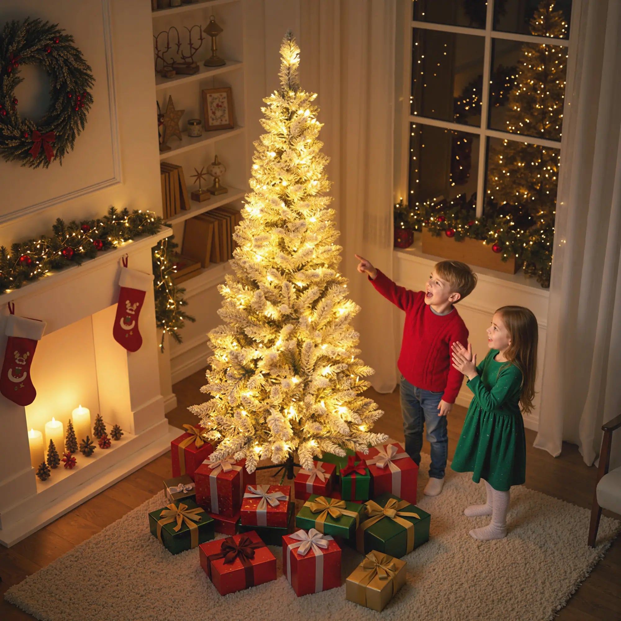 6ft Flocked Christmas Tree, Dual Colour LED Light, 11 Modes, Easy Assembly, Dual Colour Flocked Christmas Trees at Gallery Canada