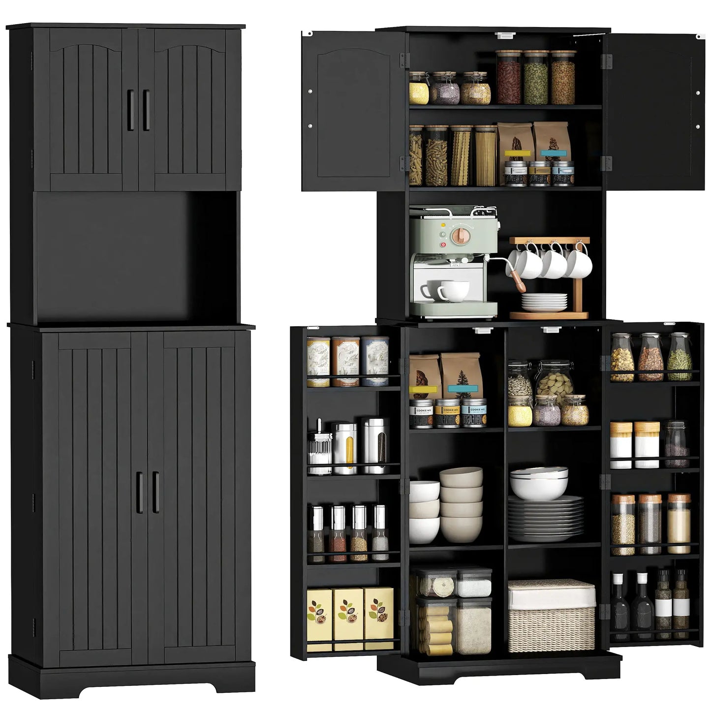 71.5" Tall Pantry Cabinet, Farmhouse Kitchen Storage, Adjustable Shelves, Black Kitchen Pantry Cabinets at Gallery Canada