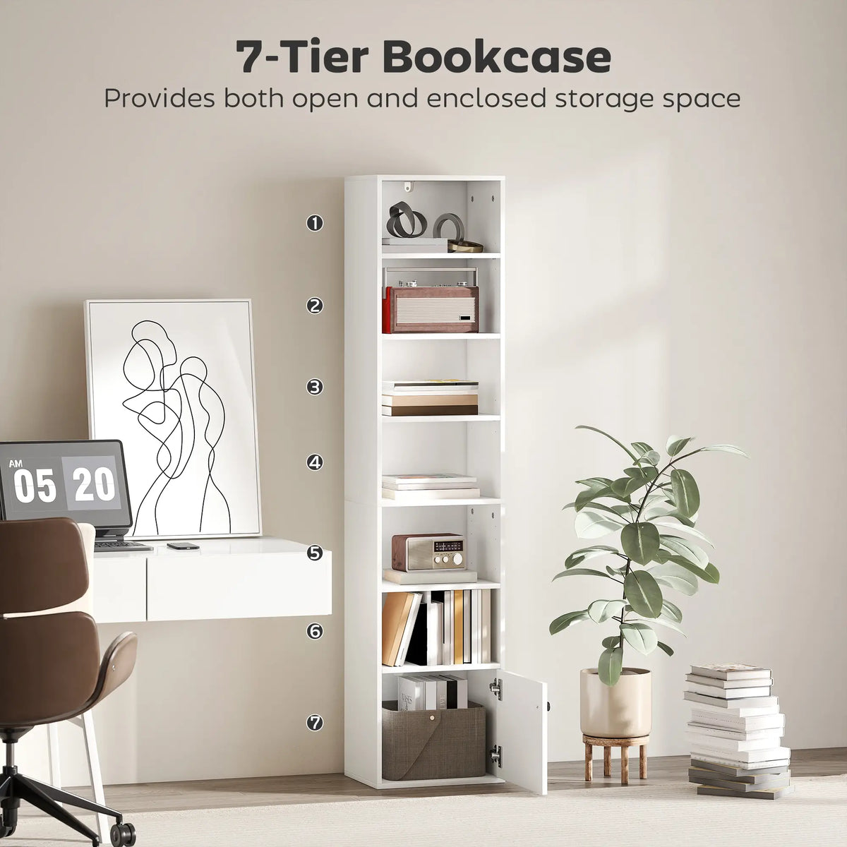 7-Tier Bookcase, Display Shelf with Cabinet, White Display Bookshelves at Gallery Canada