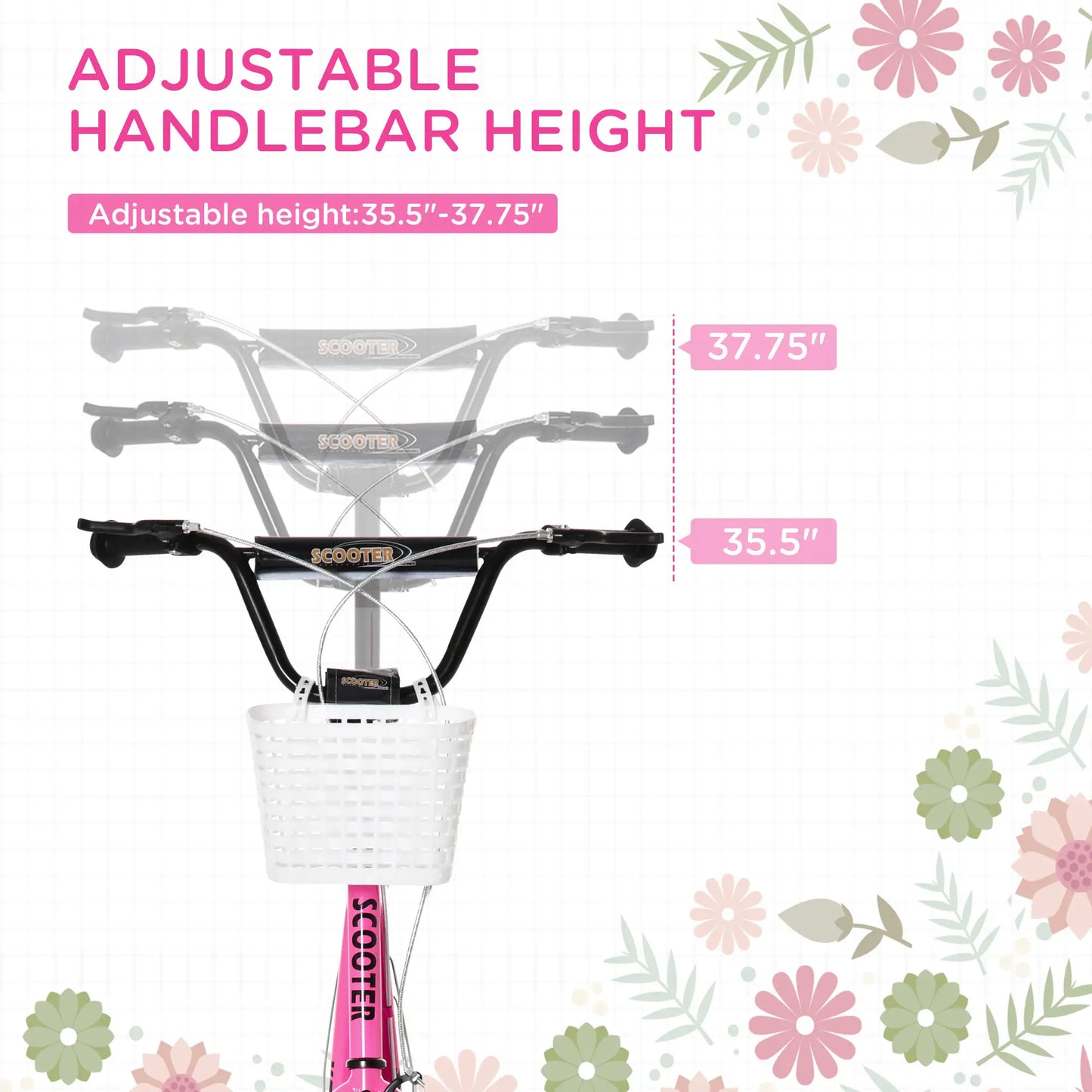 Kids Kick Scooter, Adjustable Handlebar, 2 Brakes, Basket, 16", Pink Scooters at Gallery Canada