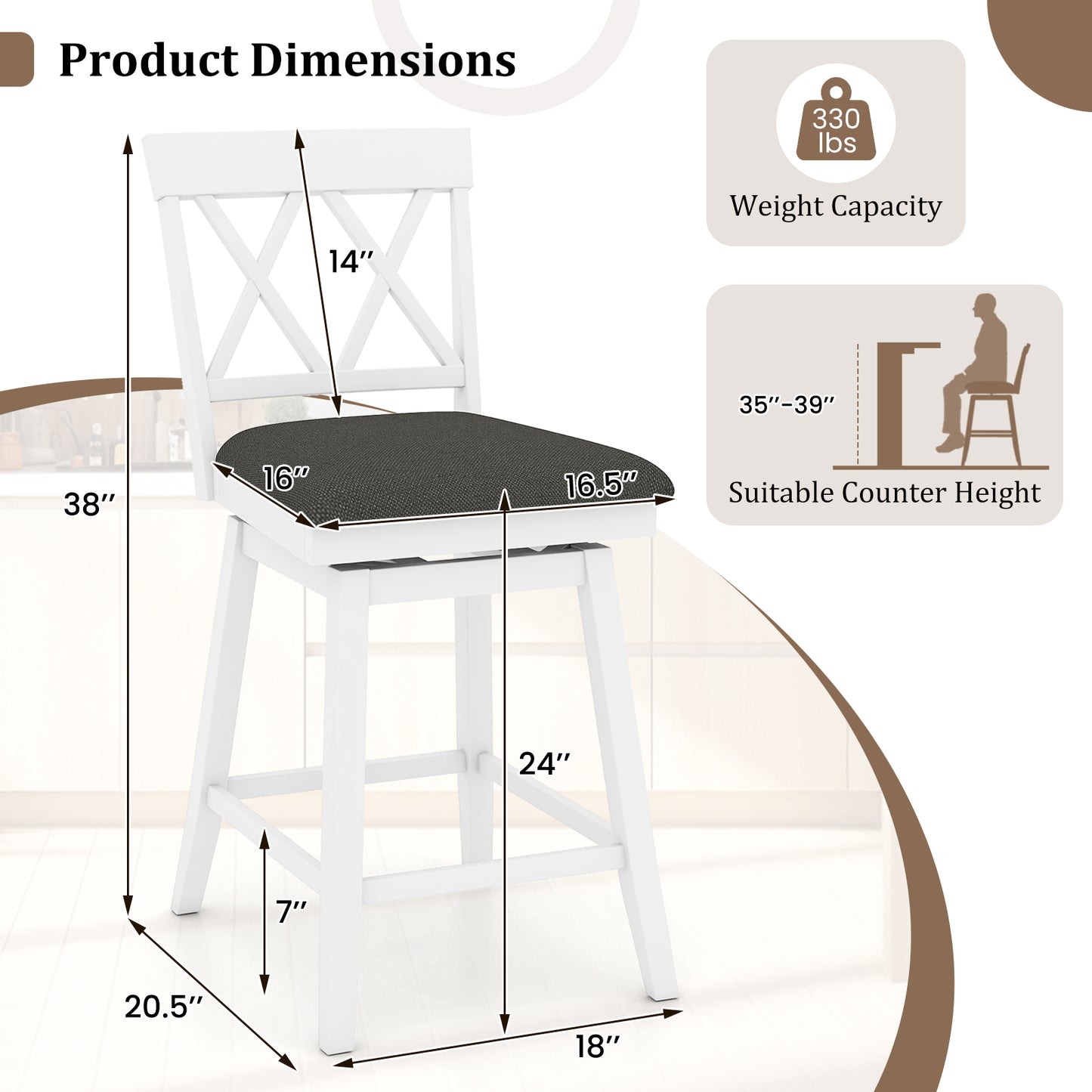 Swivel Bar Stools Set of 4 Counter Height Barstools with Backrest Upholstered Seat Cushion-24 inches Bar Stools at Gallery Canada