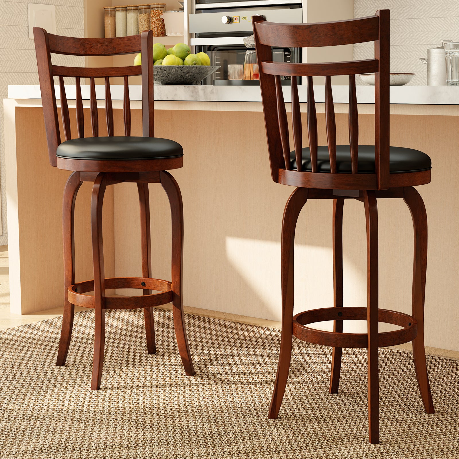 Swivel Bar Stools Set Of 2, 29 Inches, Faux Leather Upholstered, Black Bar Stools at Gallery Canada