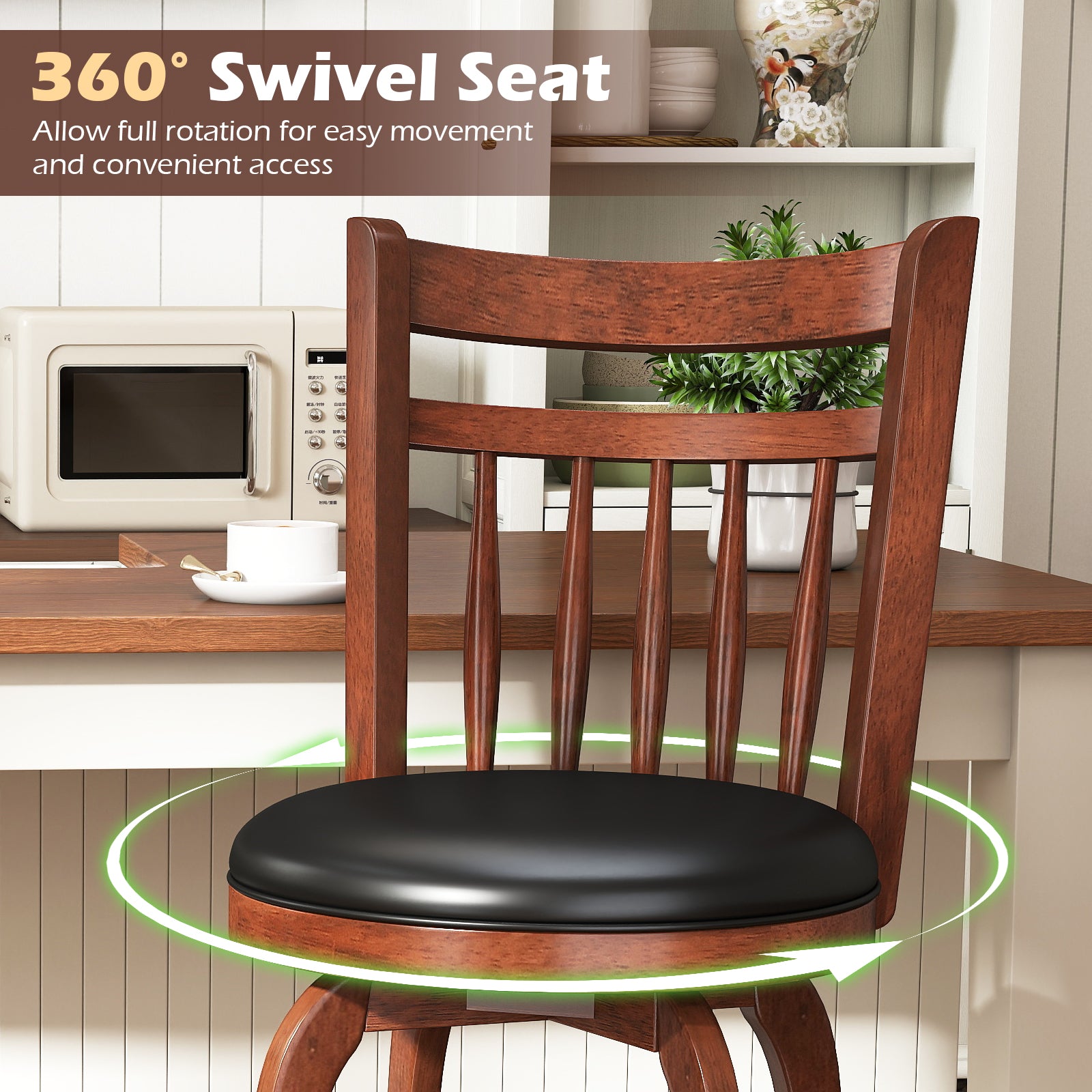 Swivel Bar Stools Set Of 2, 29 Inches, Faux Leather Upholstered, Black Bar Stools at Gallery Canada