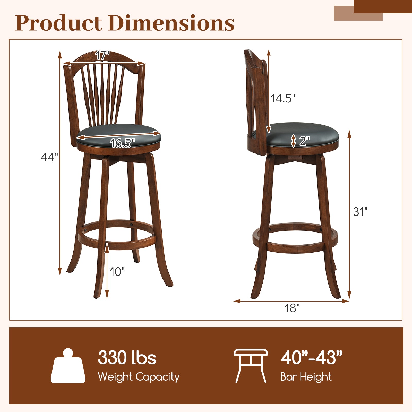 Swivel Bar Stools with Backrests, Wood Frame, 29