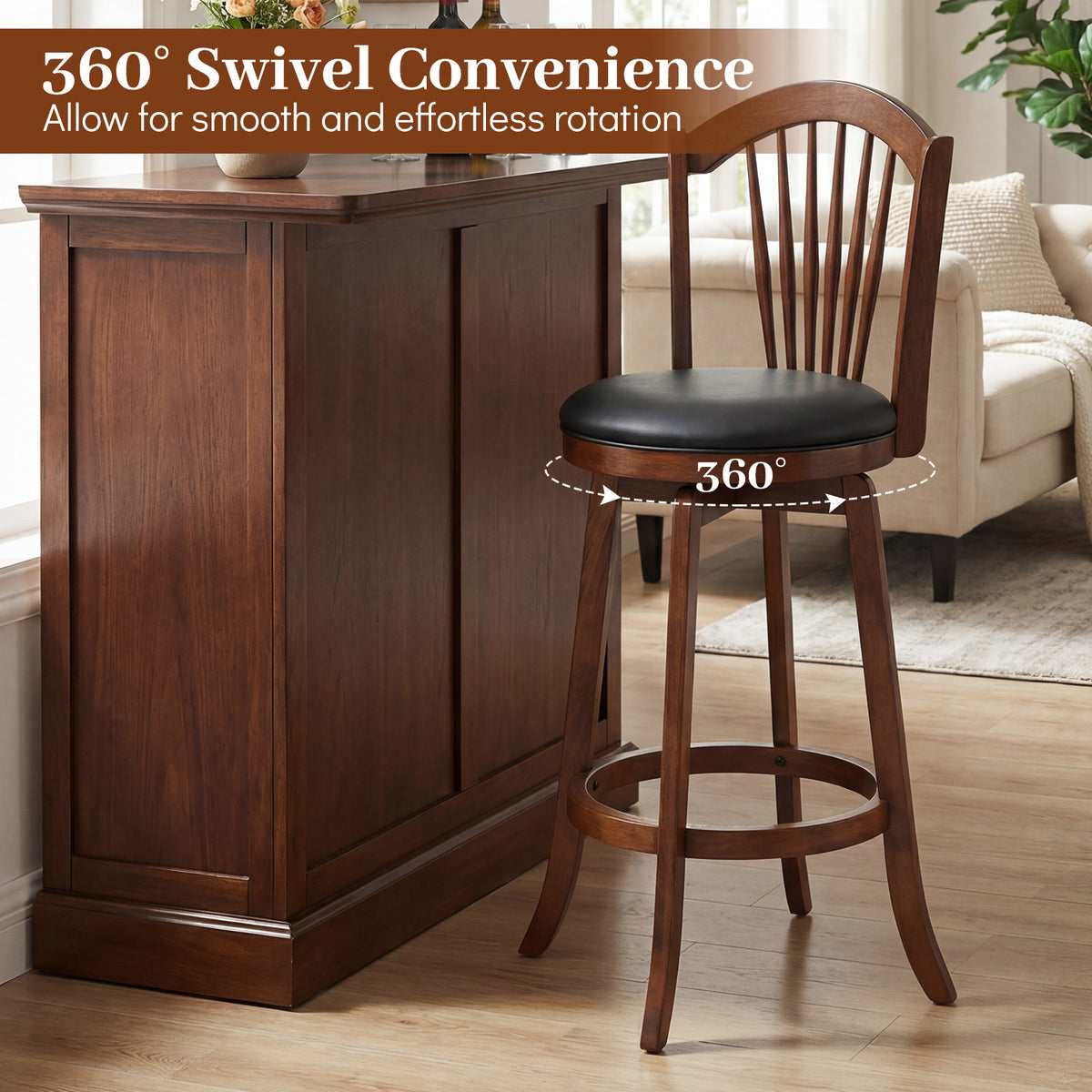 Swivel Bar Stools with Backrests, Wood Frame, 29" Bar Stools at Gallery Canada