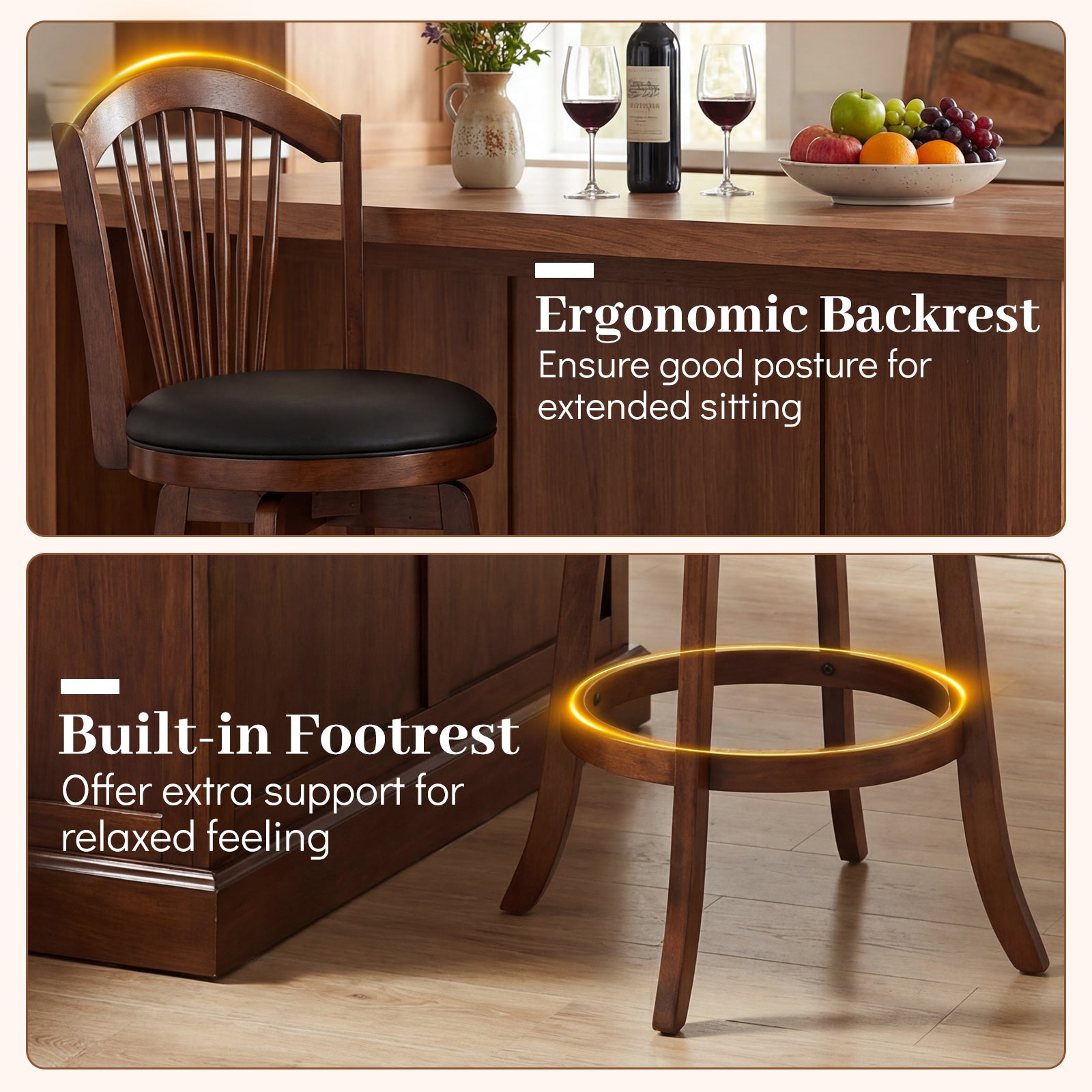 Swivel Bar Stools with Backrests, Wood Frame, 29