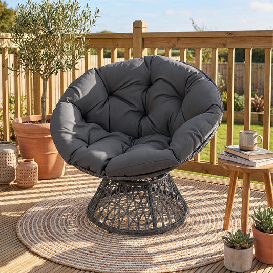 Swivel Papasan Chair, Round Wicker Lounge Chair With Thick Cushion, Gray Accent Chairs Gray at Gallery Canada