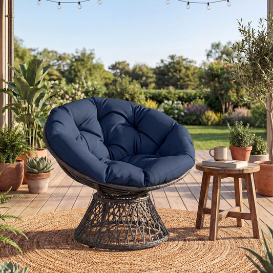 Swivel Papasan Chair, Round Wicker Lounge Chair, Thick Cushion, Navy Accent Chairs Navy at Gallery Canada