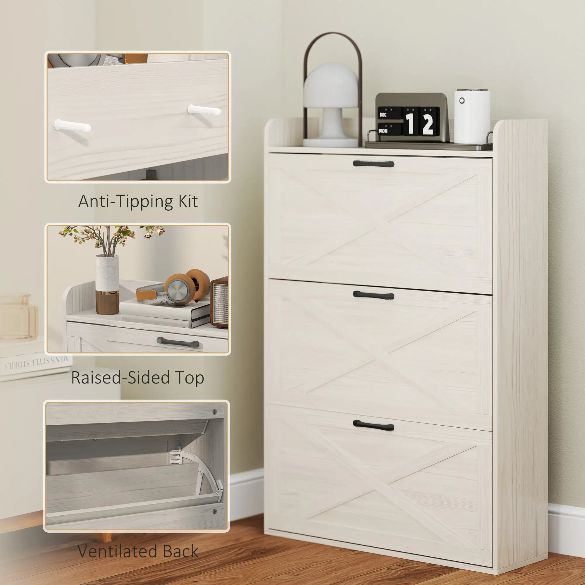 Narrow Shoe Storage Cabinet, 3 Flip Drawers, Adjustable Shelves, White Oak Shoe Storage Cabinets & Racks at Gallery Canada