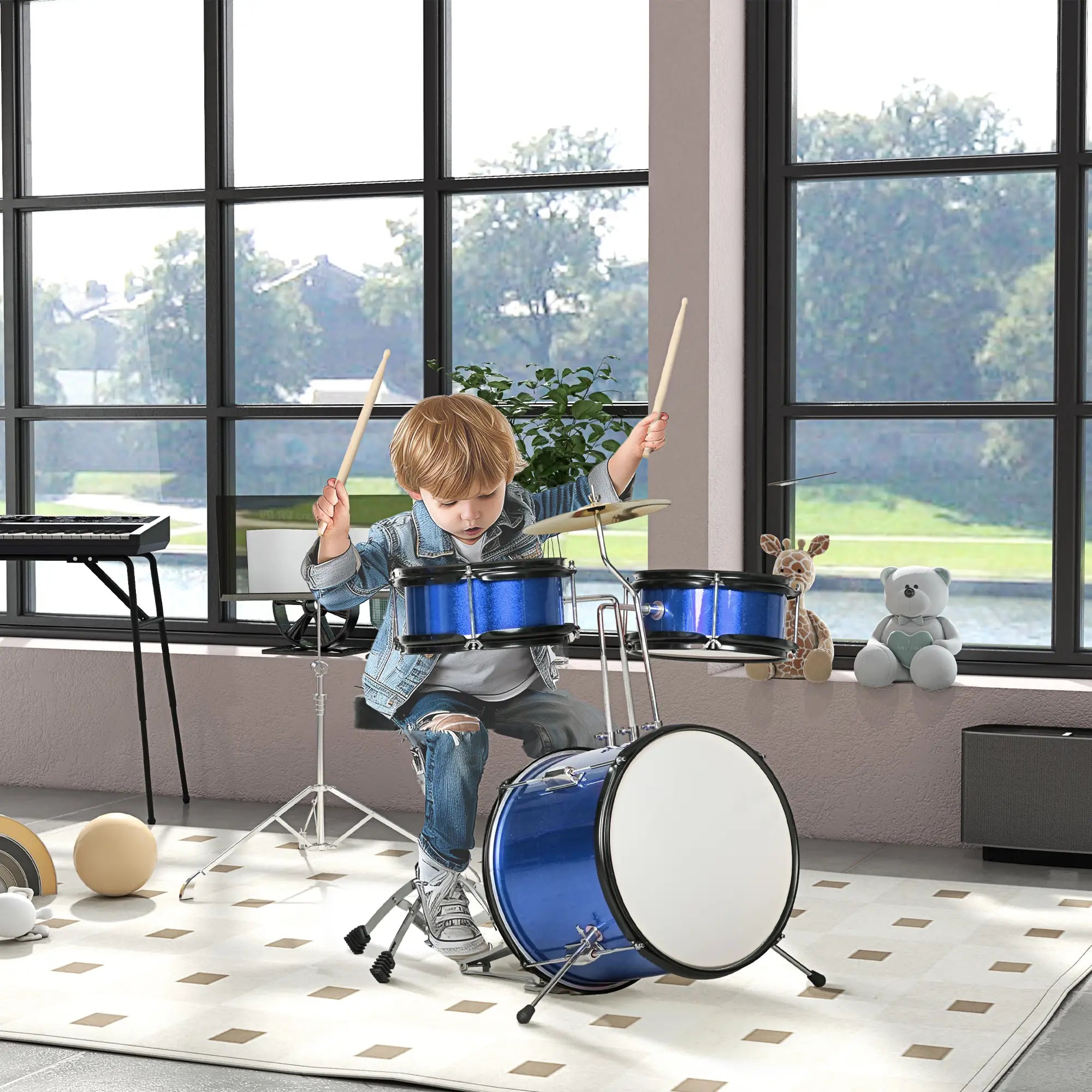 7 Piece Kids Drum Set, Throne, Cymbal, Pedal, Drumsticks, Blue Electronic Musical Pianos at Gallery Canada